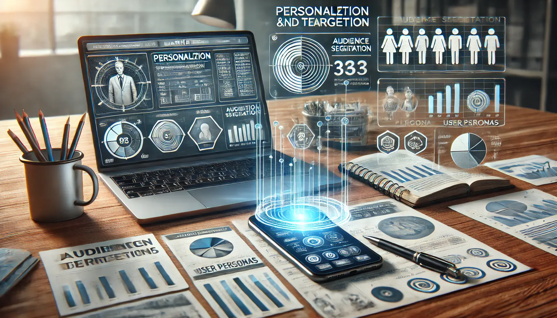 A digital marketer’s desk with a laptop displaying audience segmentation data and a smartphone showing a personalized ad, with charts and user personas on the desk.