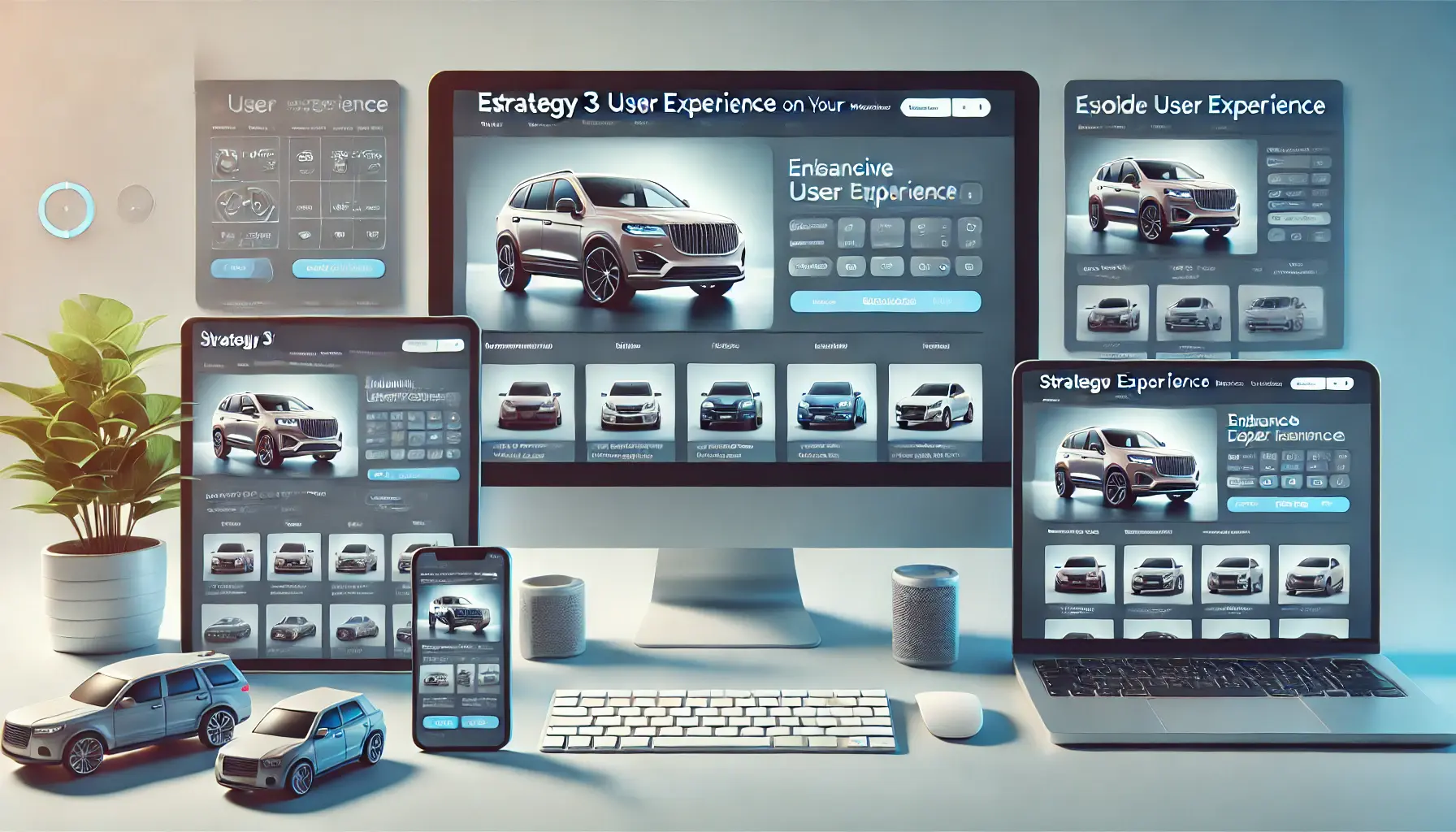 A responsive website design showcasing interactive car inventory with filters on various devices.