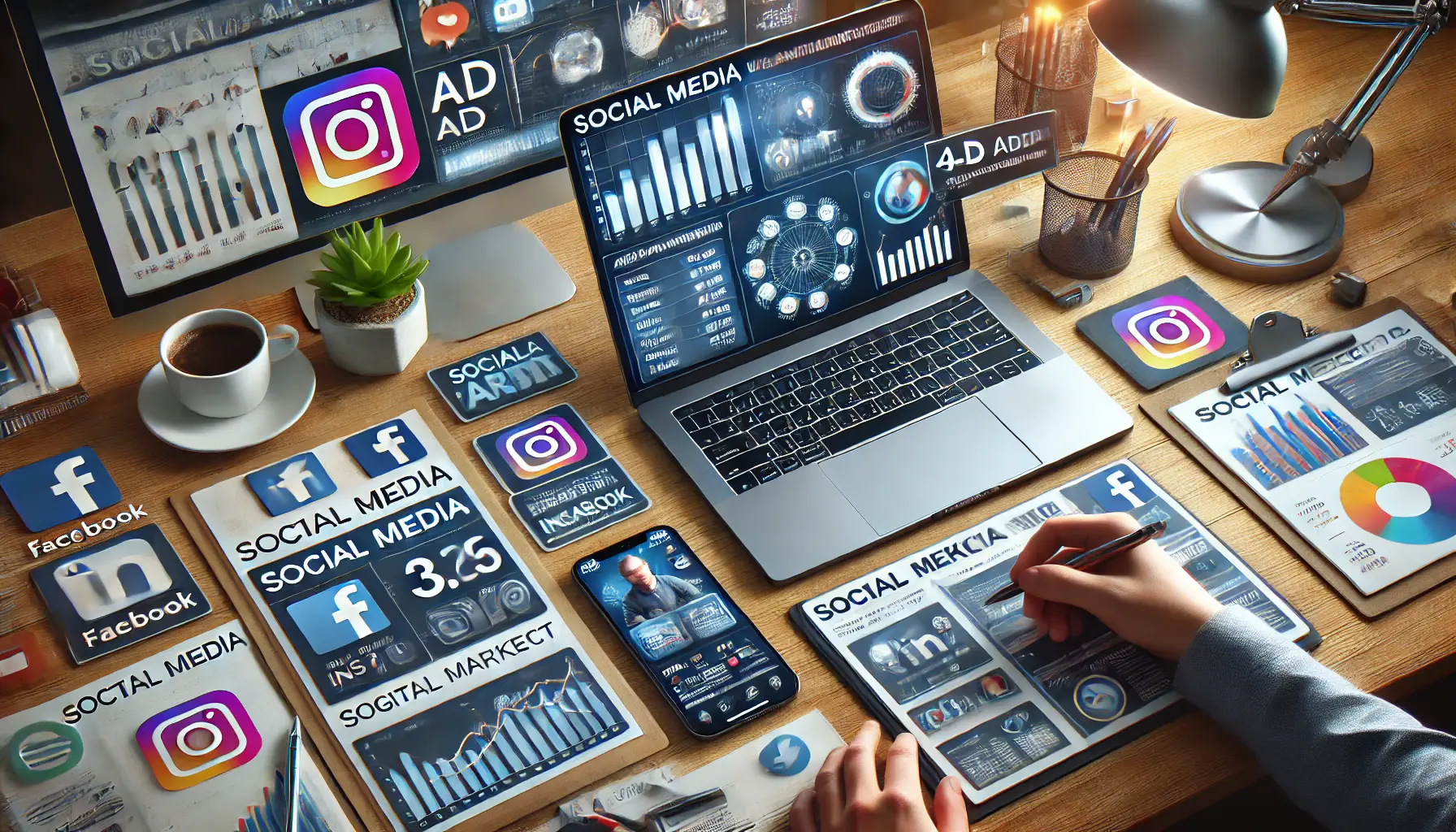 A digital marketing workspace with a laptop displaying social media analytics from Instagram, Facebook, and LinkedIn, a smartphone showing an Instagram ad campaign, and a tablet showing a Facebook ad dashboard.