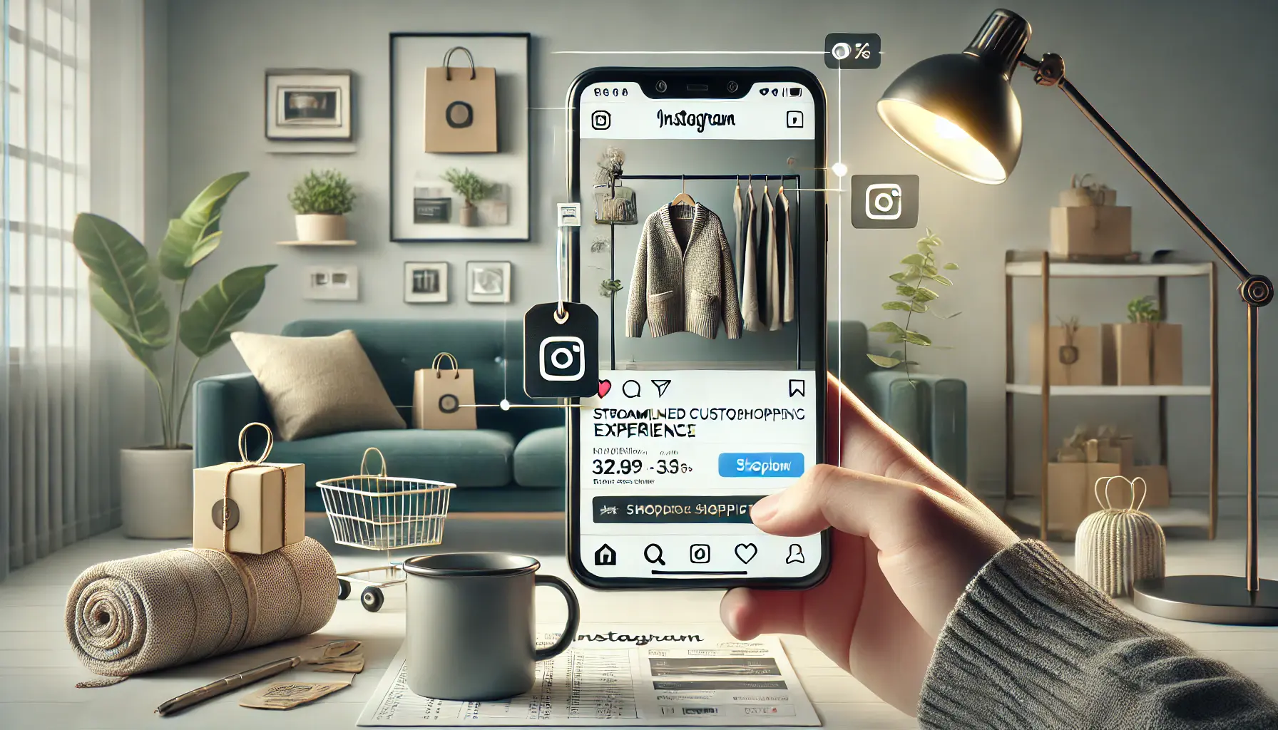 A smartphone displaying an Instagram shoppable post with product details and price, emphasizing a seamless shopping experience.