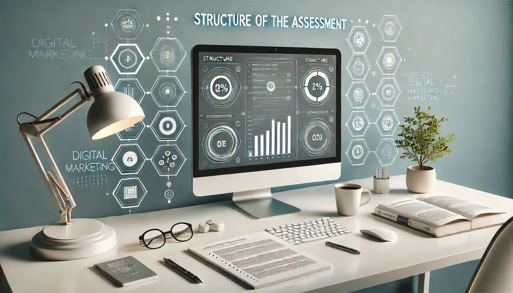 A professional workspace with a computer showing an exam structure, progress bars, and study materials like a notebook and coffee cup.