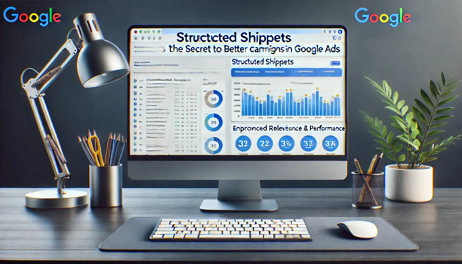 A Google Ads dashboard showing the impact of structured snippets on campaign performance, with visual charts reflecting improved ad results.