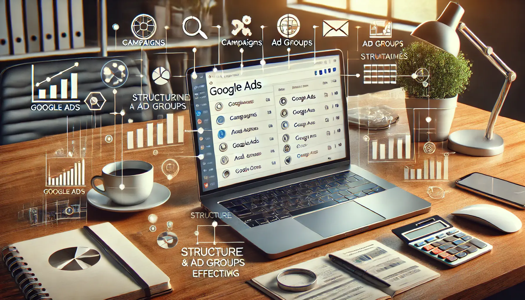 A laptop displaying a well-organized Google Ads dashboard, surrounded by digital elements symbolizing structure and targeting.