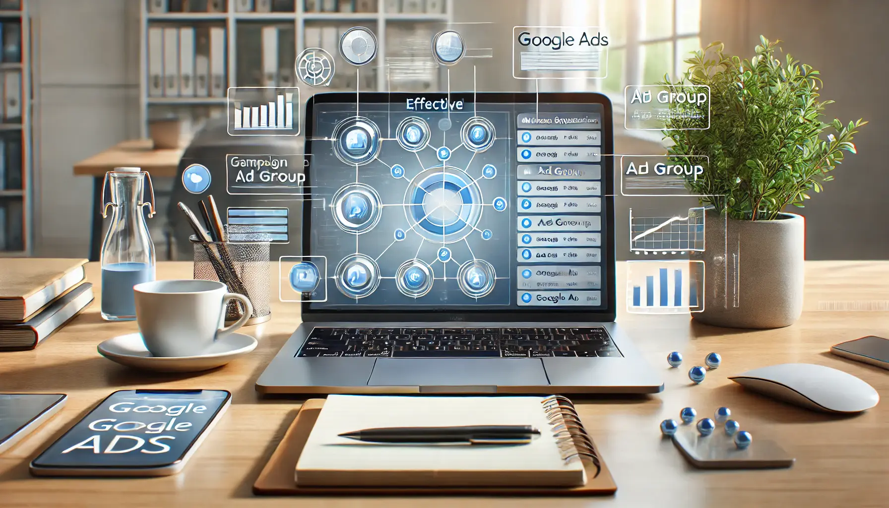 A laptop displaying a Google Ads dashboard with organized campaign structures, surrounded by digital elements symbolizing efficient organization.