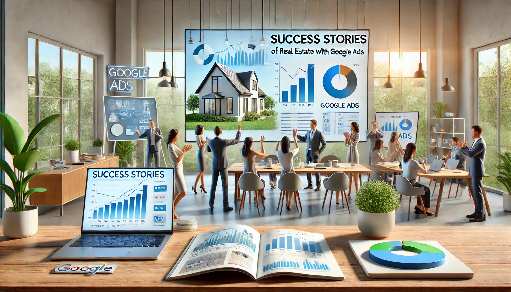 A team celebrating a successful real estate campaign with charts and analytics displayed in a modern office setting.