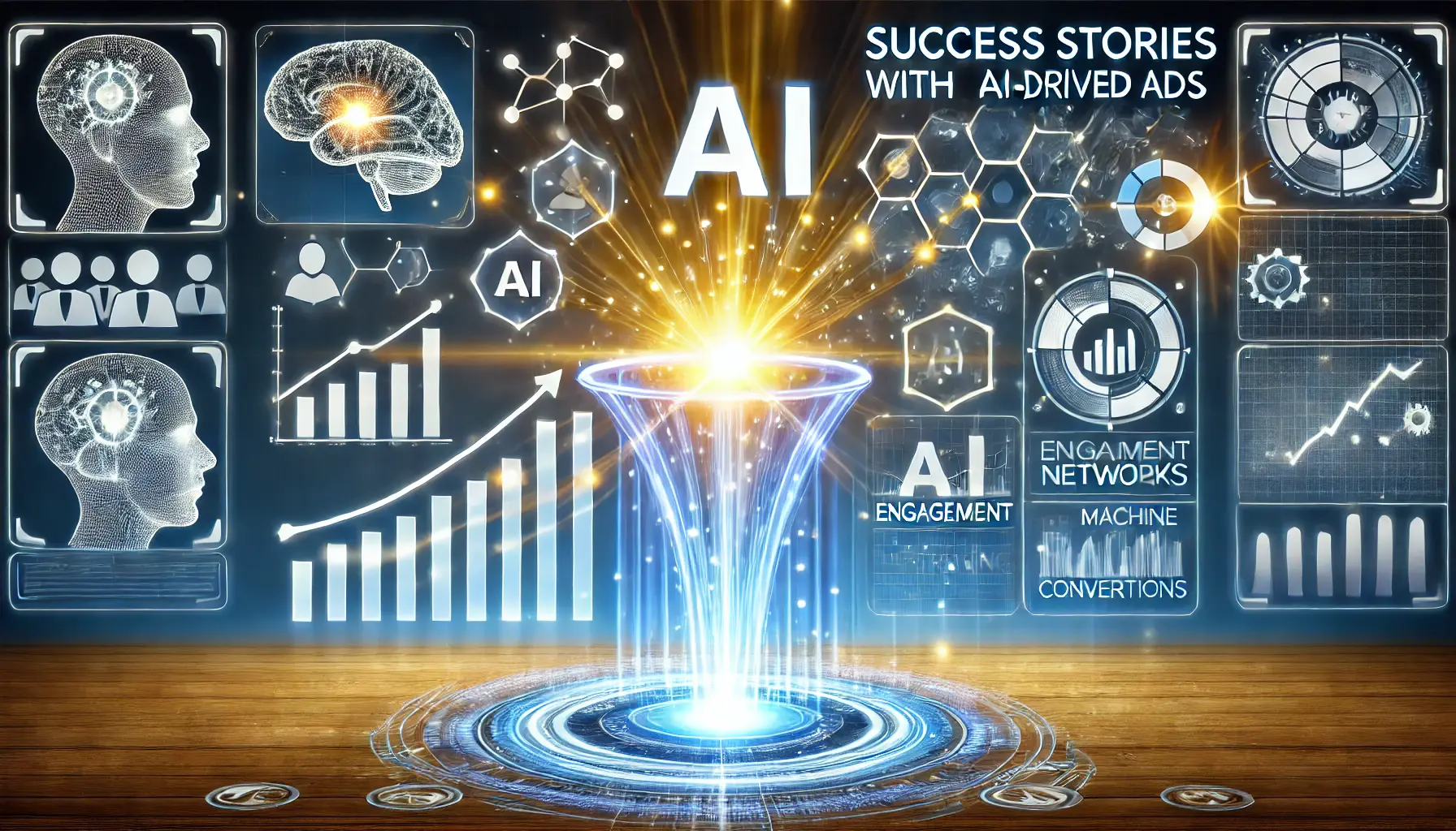 A digital dashboard showcasing successful AI-driven ad campaigns, with glowing performance metrics, engagement graphs, and AI symbols.