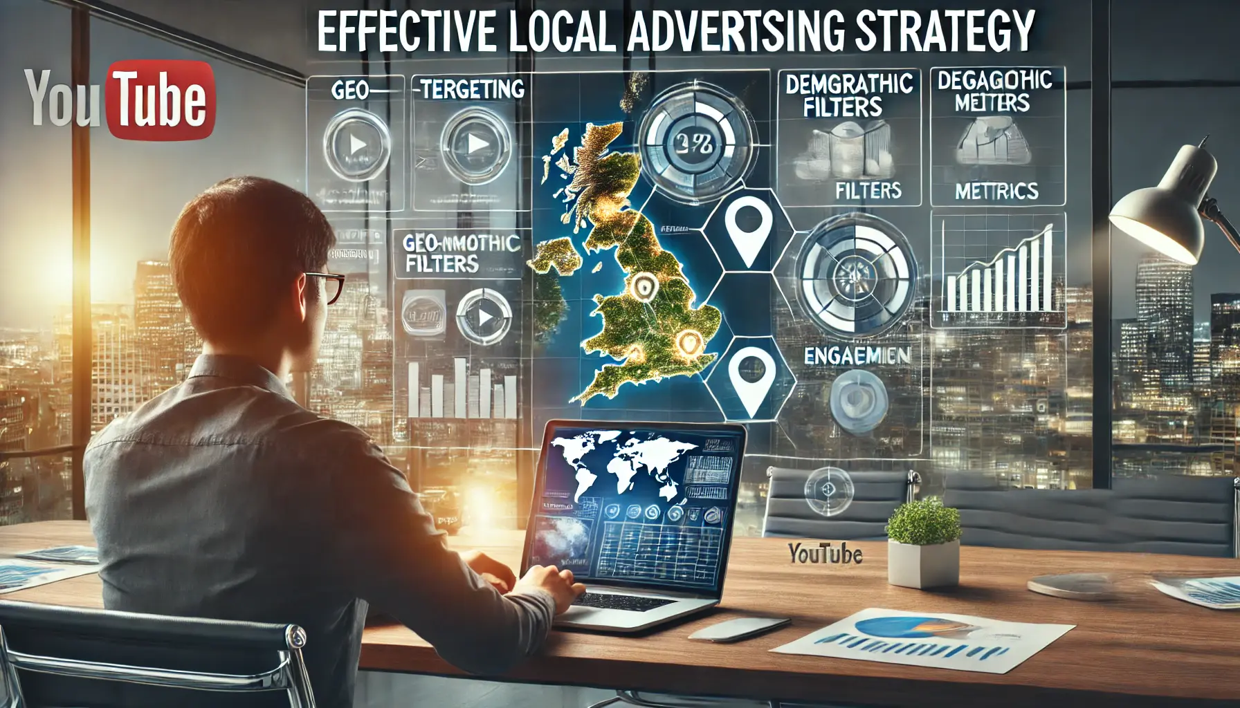 A digital marketing professional analyzing local advertising strategies on YouTube, with tools like geo-targeting, demographic filters, and performance charts displayed on a laptop screen.