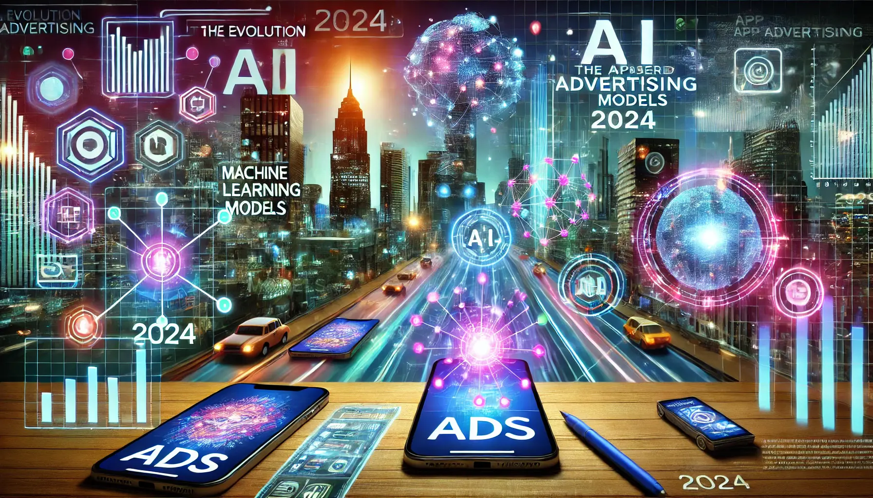 A futuristic cityscape with mobile devices displaying engaging ads, interconnected data points, and AI-powered elements symbolizing the evolution of app advertising.