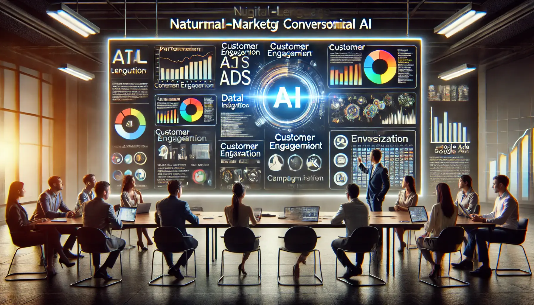 Professionals analyzing the impact of conversational AI in Google Ads, with campaign performance metrics and customer engagement data displayed on large screens.