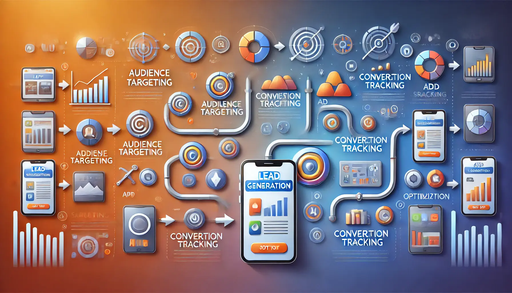 An image summarizing the path to lead generation with a flowchart of steps and icons for targeting, ad creation, and optimization.