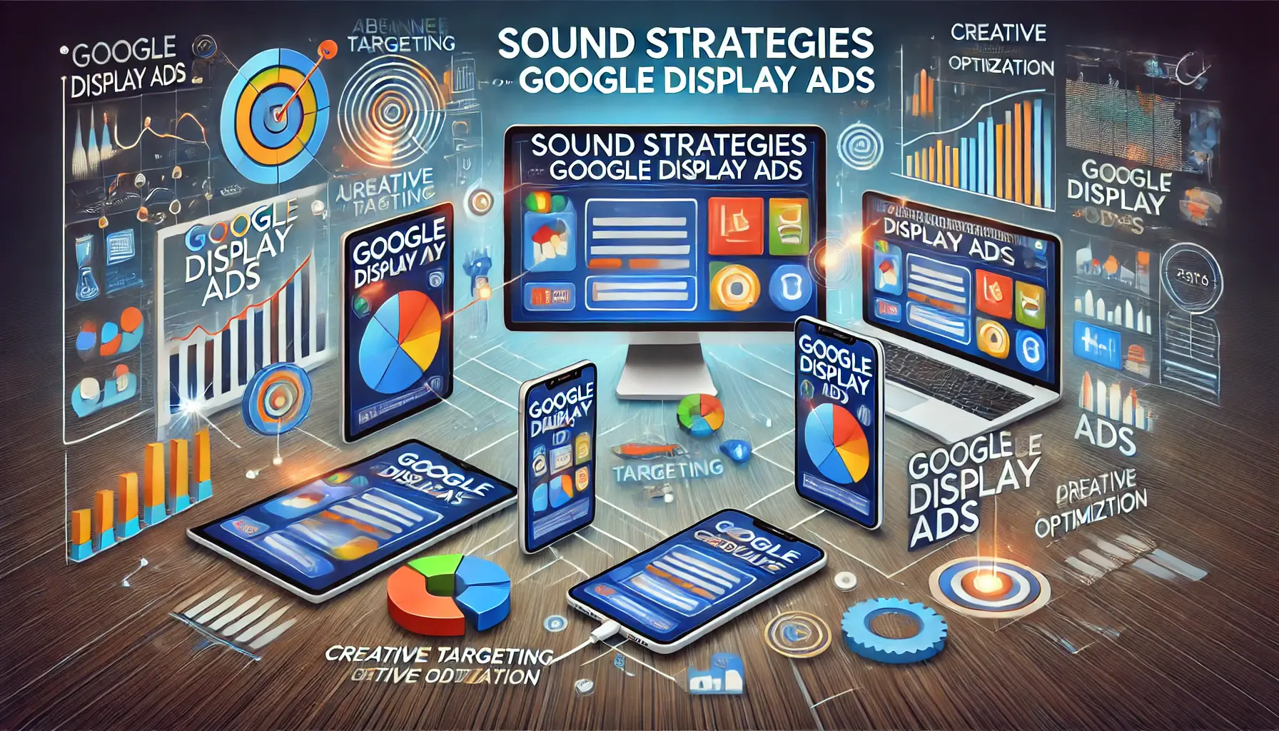 Illustration summarizing sound strategies for Google Display Ads with multiple devices showing different ad types.