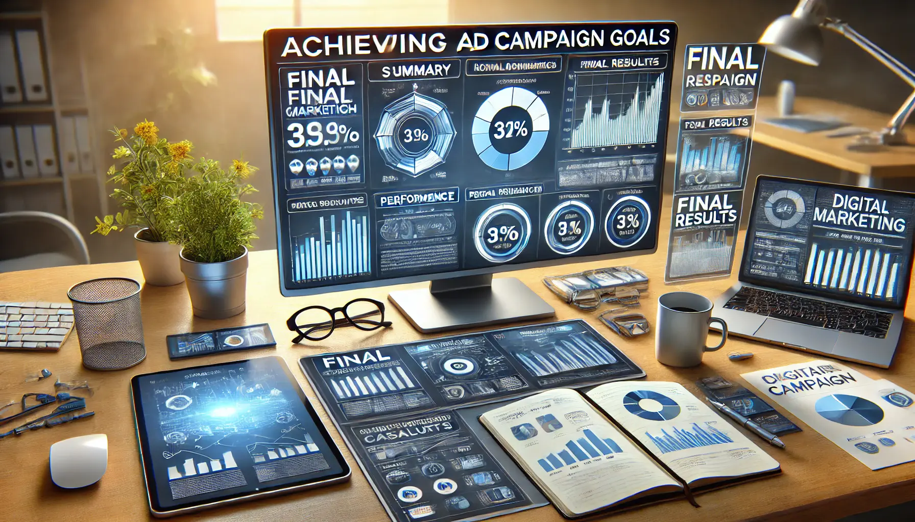 A digital marketing workspace featuring a monitor displaying a summary dashboard with campaign performance metrics and final results.