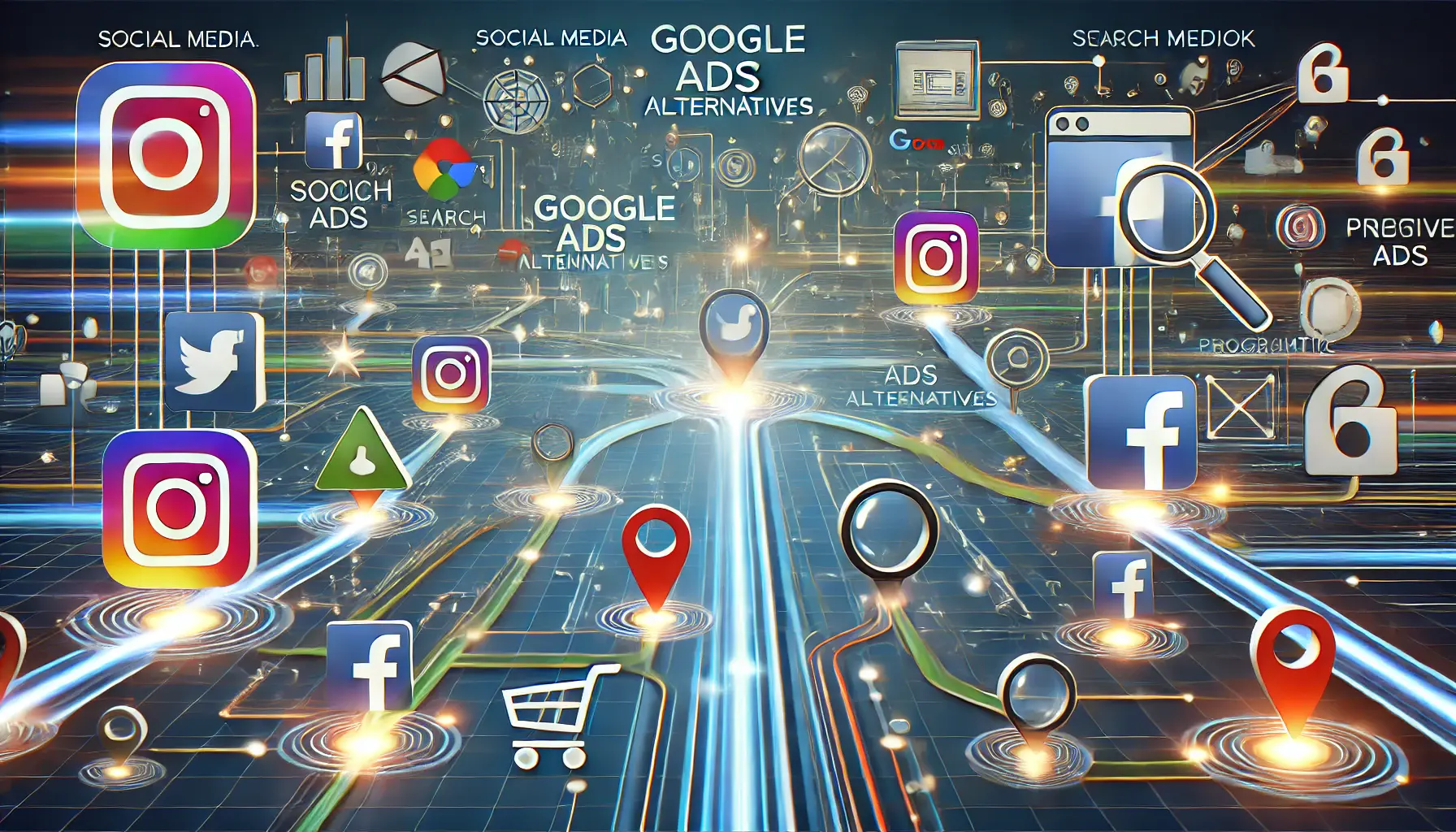 An illustration depicting multiple interconnected paths leading to various digital marketing platforms, such as social media, search engines, native ads, and programmatic advertising.