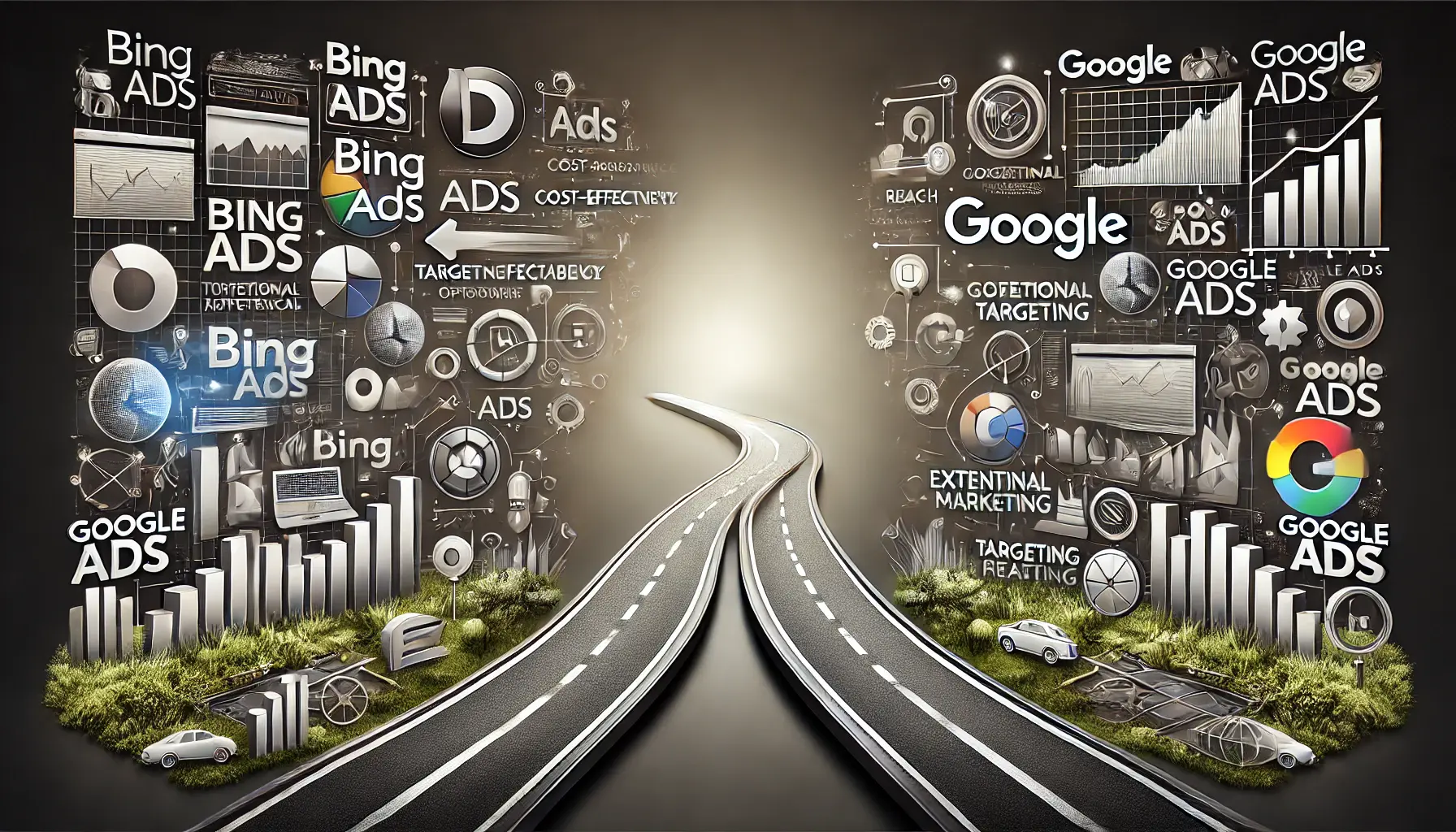 Illustration showing a comparison between Bing Ads and Google Ads, with distinct paths representing key features of both platforms.