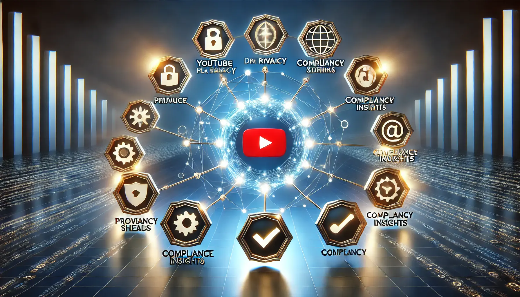 A central glowing sphere surrounded by interconnected icons like a YouTube play button, privacy shields, compliance checkmarks, and data streams, symbolizing key data privacy takeaways.