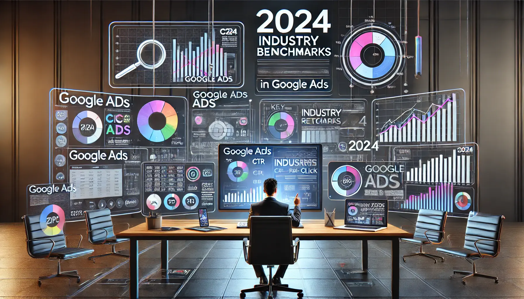 Visualization summarizing 2024 industry benchmarks in Google Ads, featuring performance dashboards and key metrics.