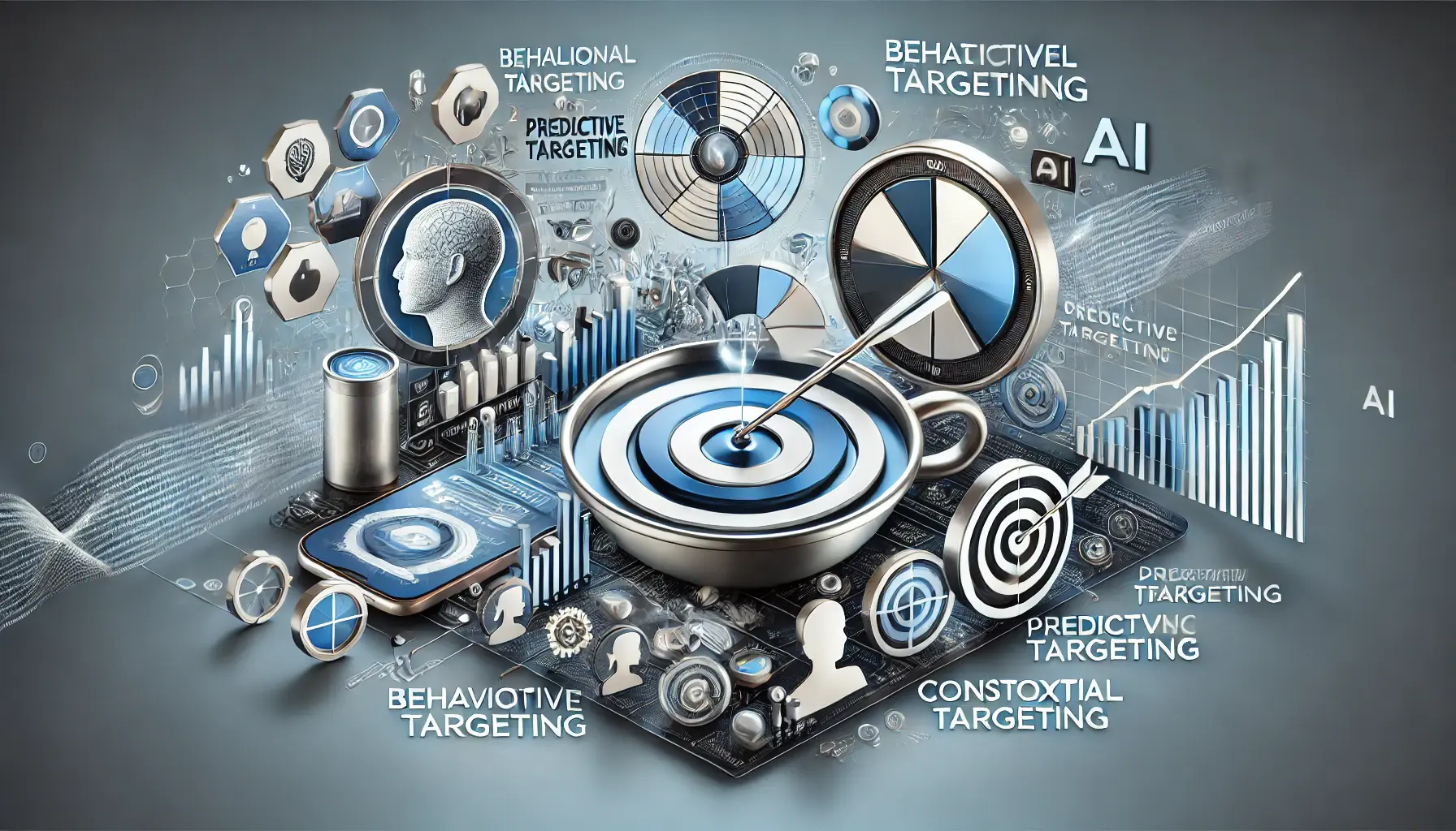 Abstract illustration summarizing AI-driven targeting techniques with behavioral, predictive, and contextual targeting methods.