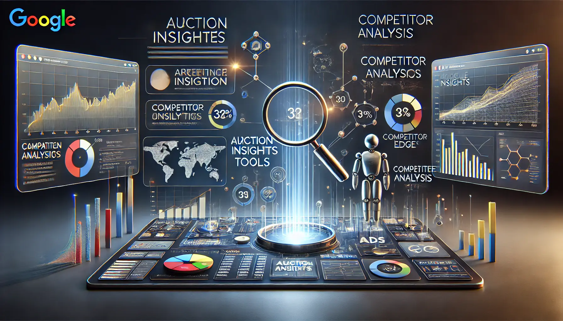 A futuristic dashboard with performance graphs and competitor analysis tools summarizing the benefits of auction insights.