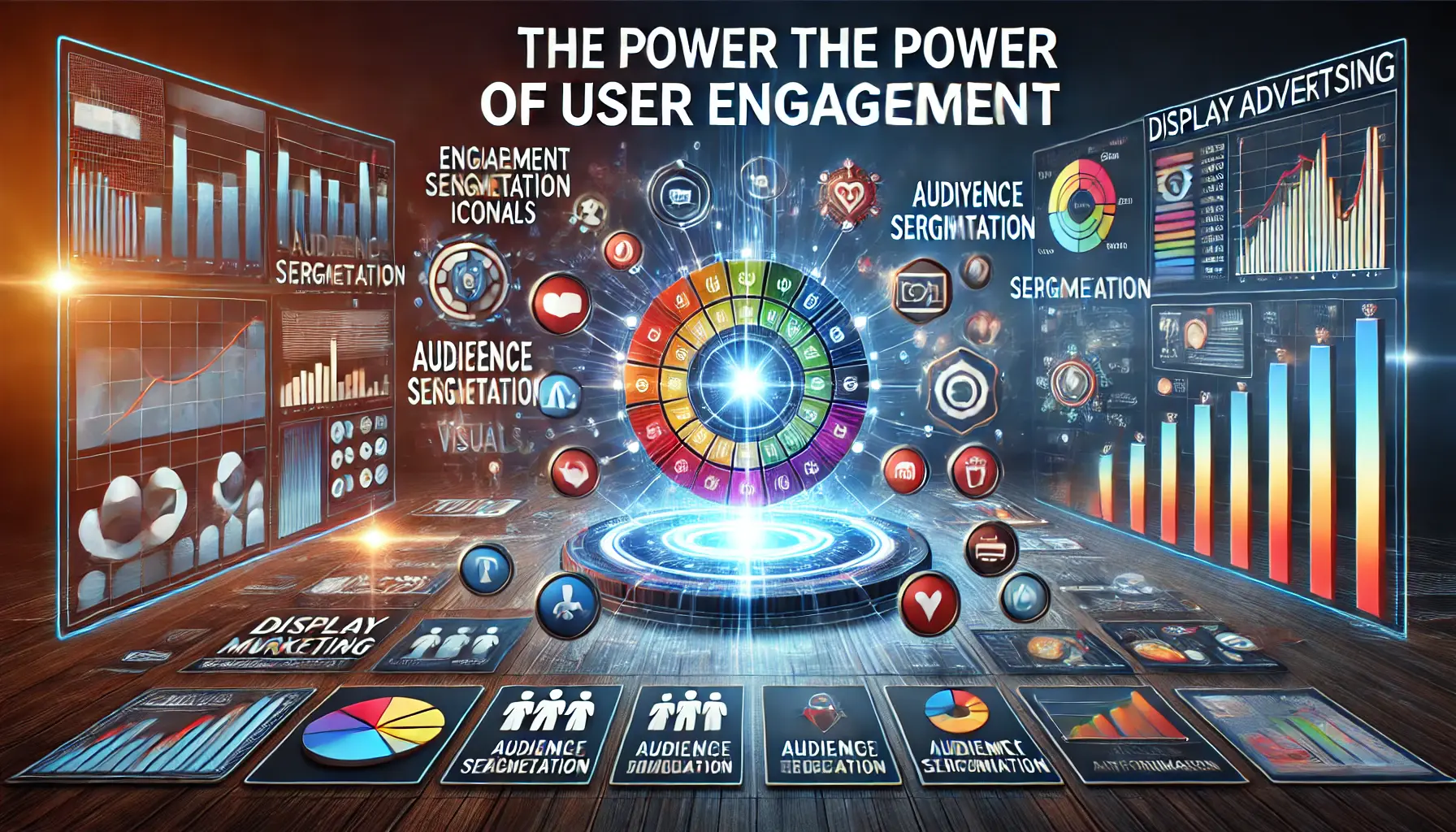 A digital marketing dashboard showcasing engagement icons, analytics graphs, audience segmentation visuals, and ad previews.