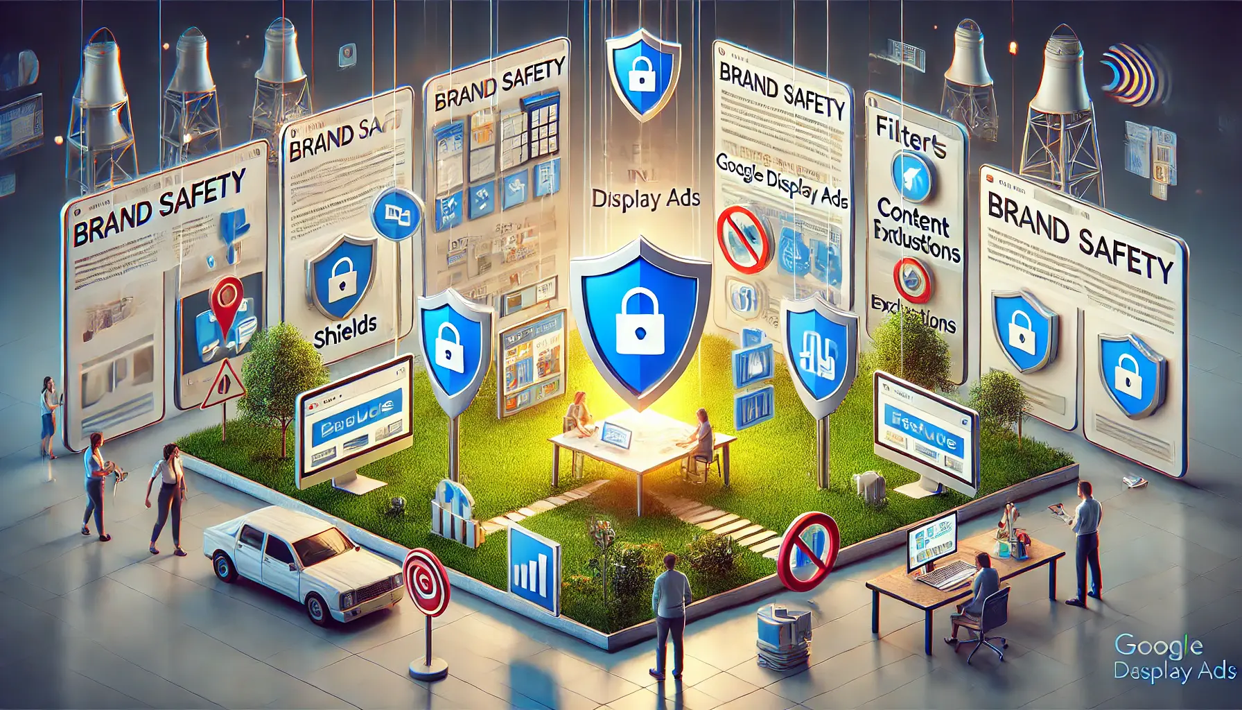 An image summarizing brand safety in Google Display Ads, showing tools like shields, filters, and content exclusions in a secure digital ad environment.