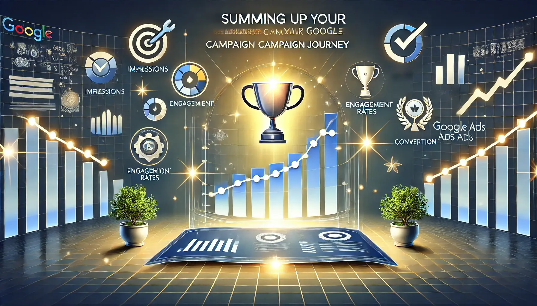 A glowing digital dashboard showcasing final campaign analytics such as impressions and engagement rates, surrounded by icons like a checkmark, upward arrow, and trophy, symbolizing success and achievement.