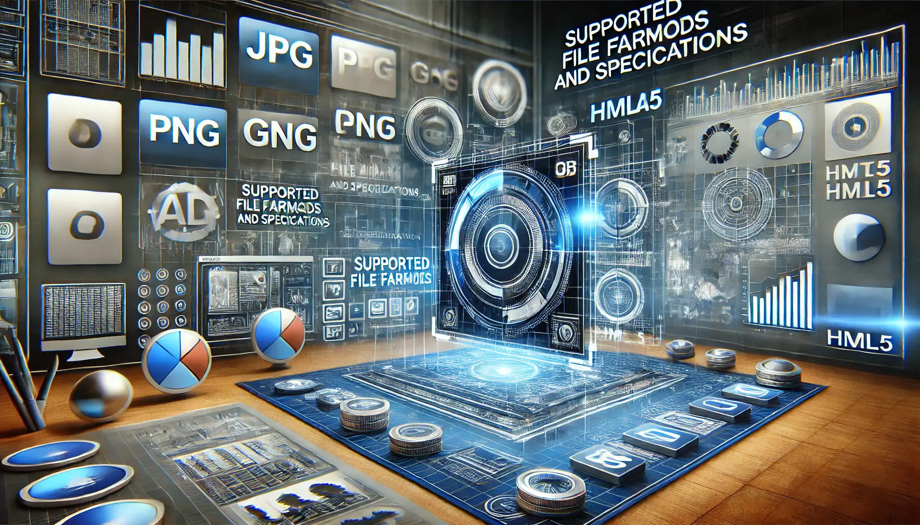 A futuristic workspace displaying file format icons and ad previews in various specifications for digital advertising.