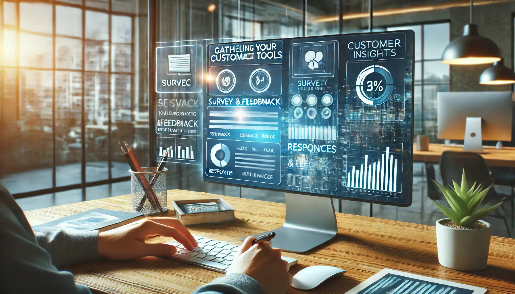 A digital marketer using survey and feedback tools on a computer, displaying a survey form and analytics dashboard with responses and feedback metrics in a modern office.