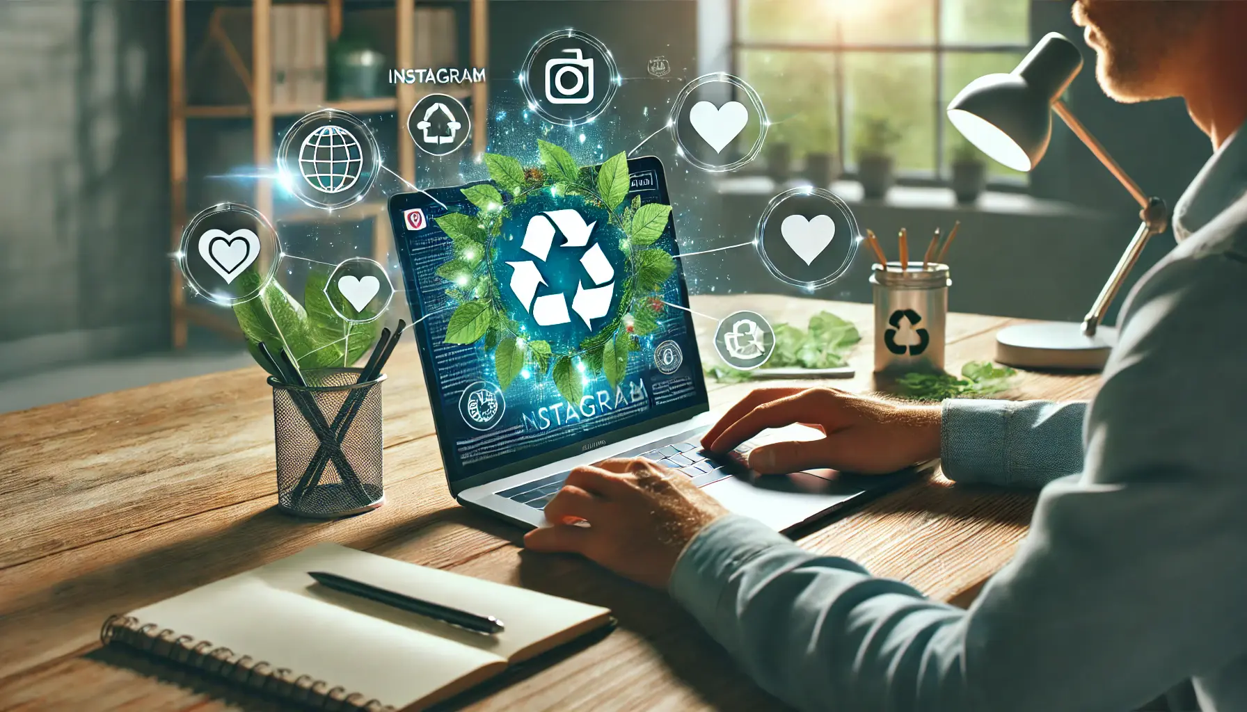 Illustration of a person at a desk working on a laptop with an Instagram ad campaign focused on eco-friendly products and social causes, surrounded by symbols like a leaf, recycling icon, and heart.