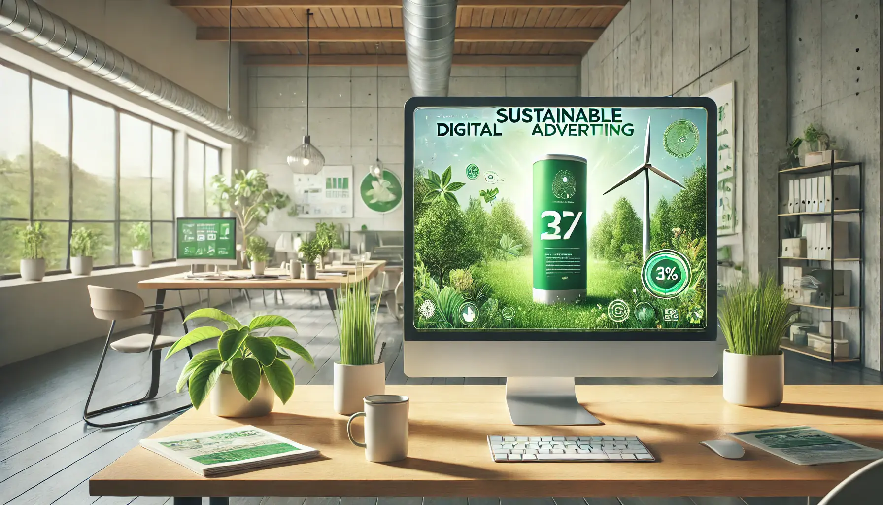 A modern digital workspace with a computer screen displaying an eco-friendly ad campaign, featuring green-themed elements like trees and a wind turbine.