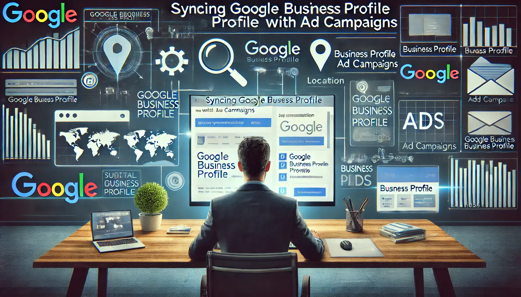 Professional analyzing a digital interface showing Google Business Profile synced with ad campaigns and location data.