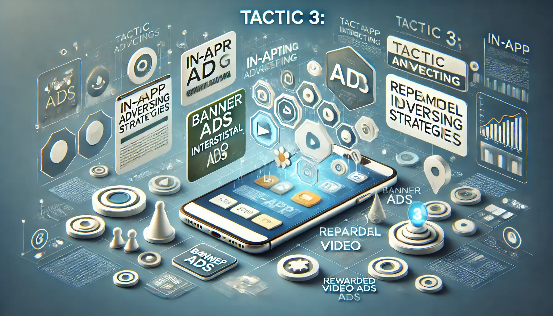 A smartphone displaying various in-app ad formats, such as banner ads, interstitial ads, and rewarded video ads, with user interaction icons.