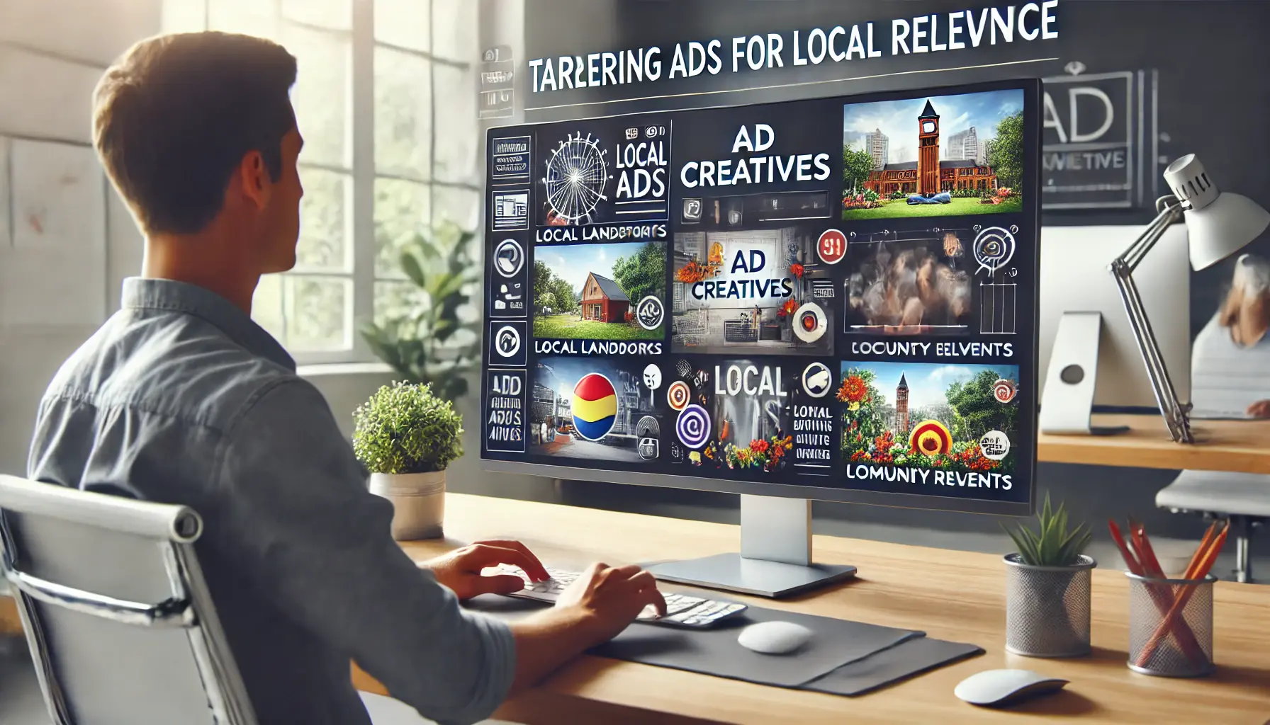 A digital marketer designing ad creatives with local relevance, featuring local landmarks and culture on a computer screen in a modern office.