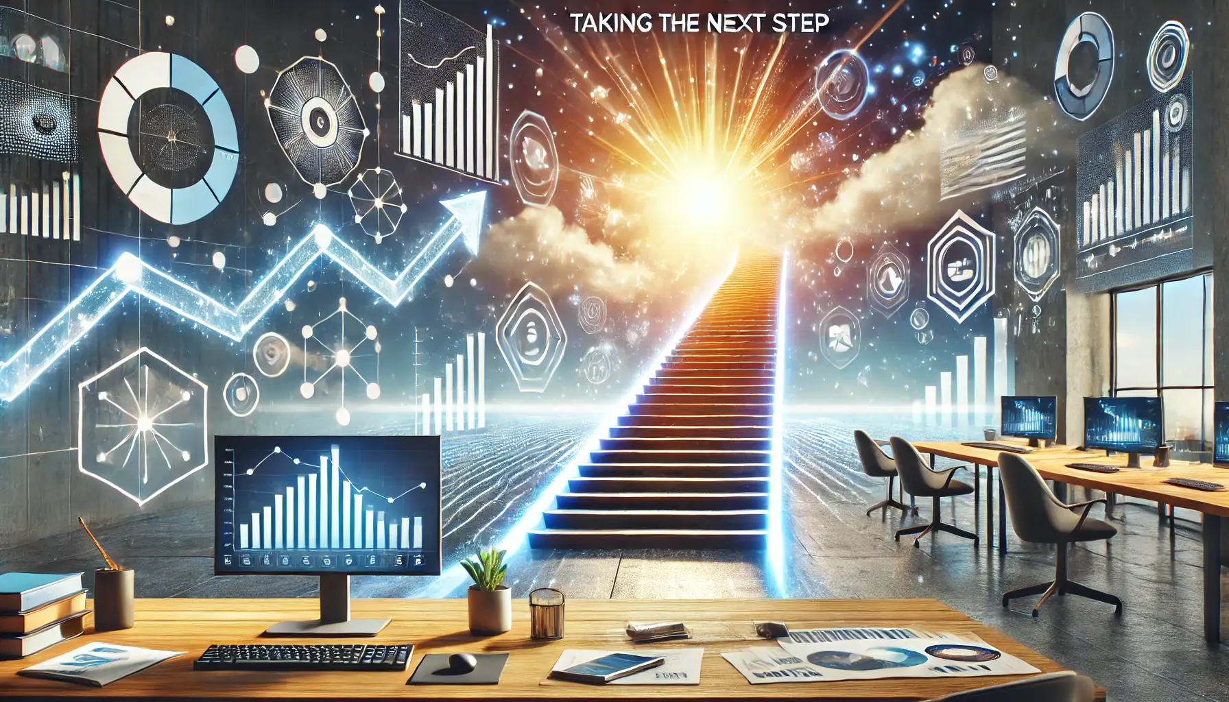 A modern workspace with a pathway leading towards a bright horizon, symbolizing progress and forward momentum, with elements like a staircase and a computer showing analytics.