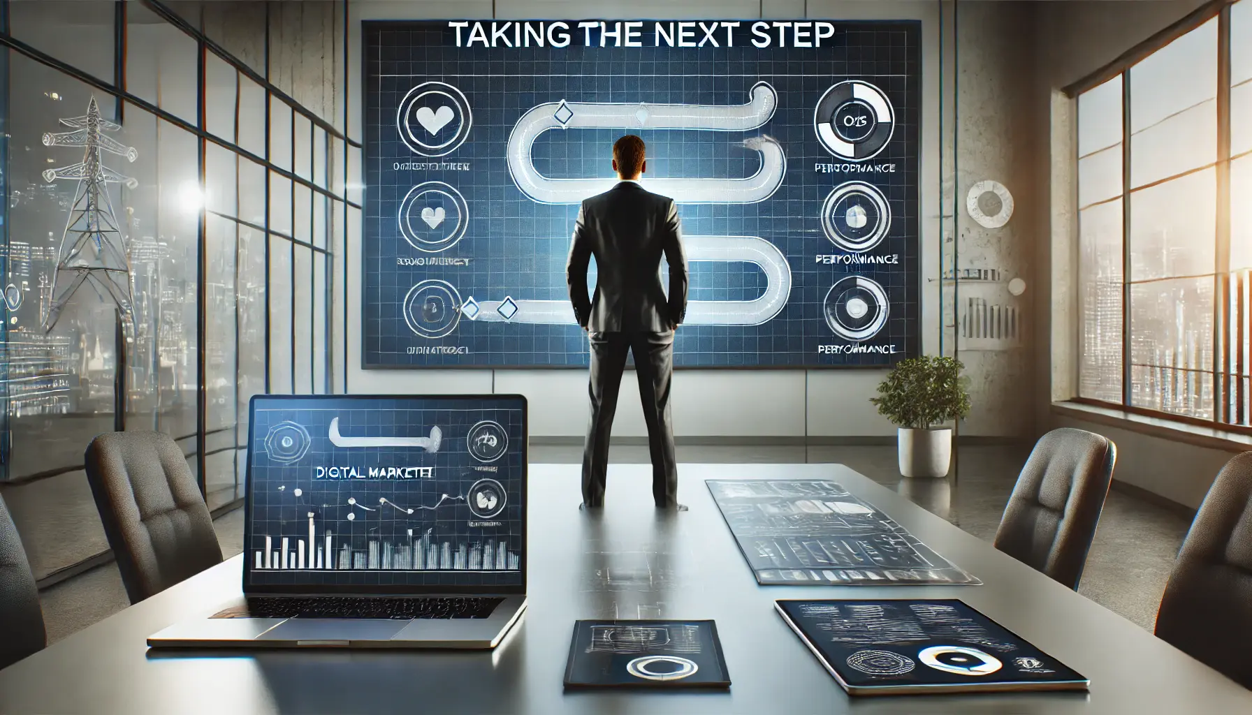 A digital marketer standing in front of a large screen with a roadmap, ready to take the next step in a marketing campaign.