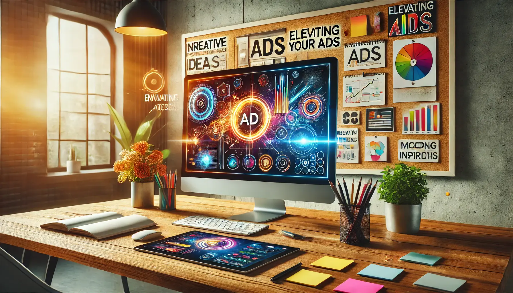 A creative workspace with a monitor displaying dynamic ad concepts and tools like mood boards and brainstorming sketches.