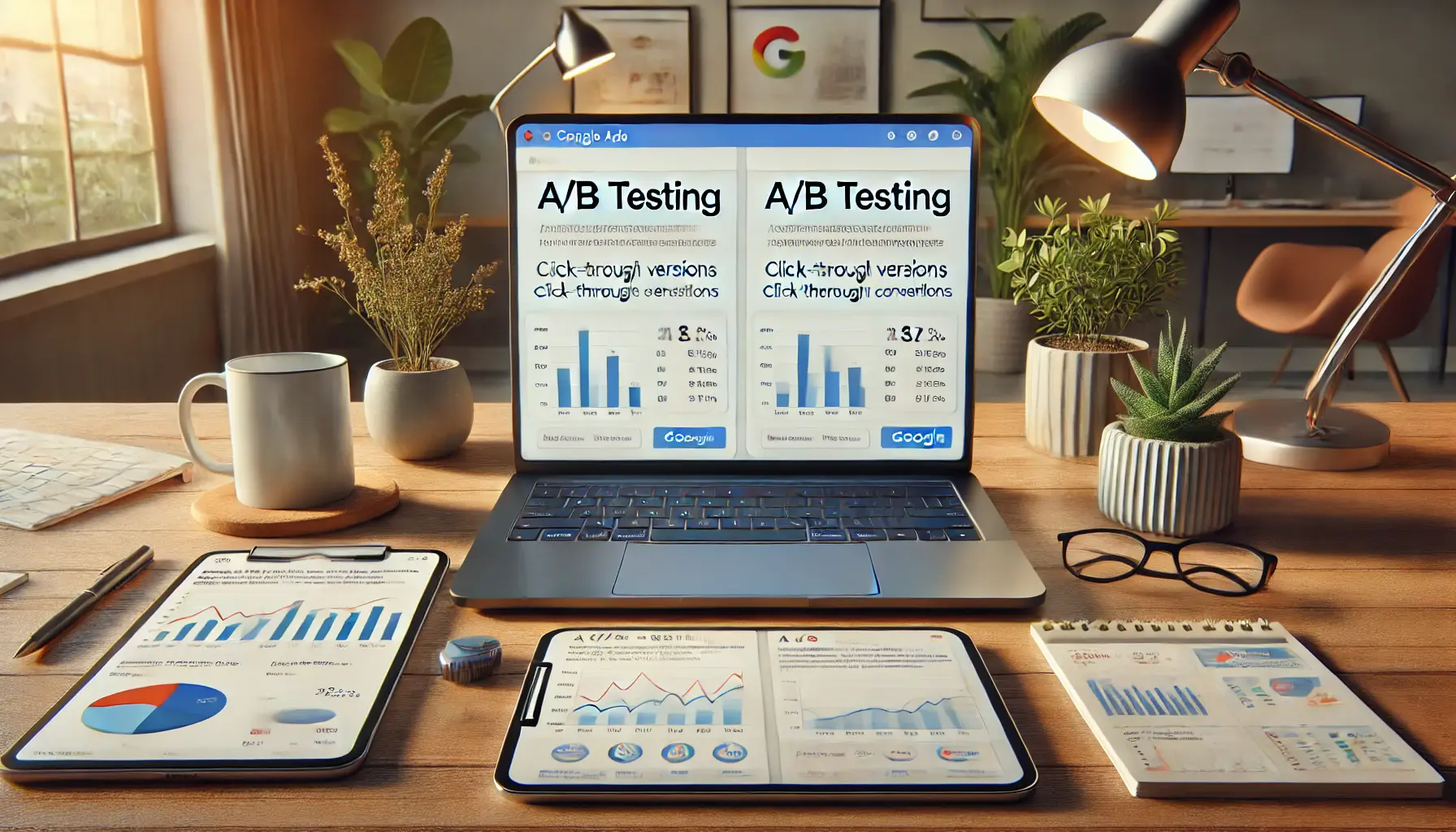 An image showcasing a laptop with an A/B testing interface comparing ad performance metrics, surrounded by analytics tools in a therapy office setting.