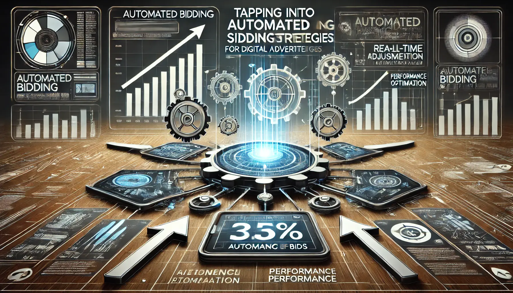 An image featuring a digital dashboard with graphs and automated systems, highlighting real-time bid adjustments, arrows, and gears representing automation in digital advertising.