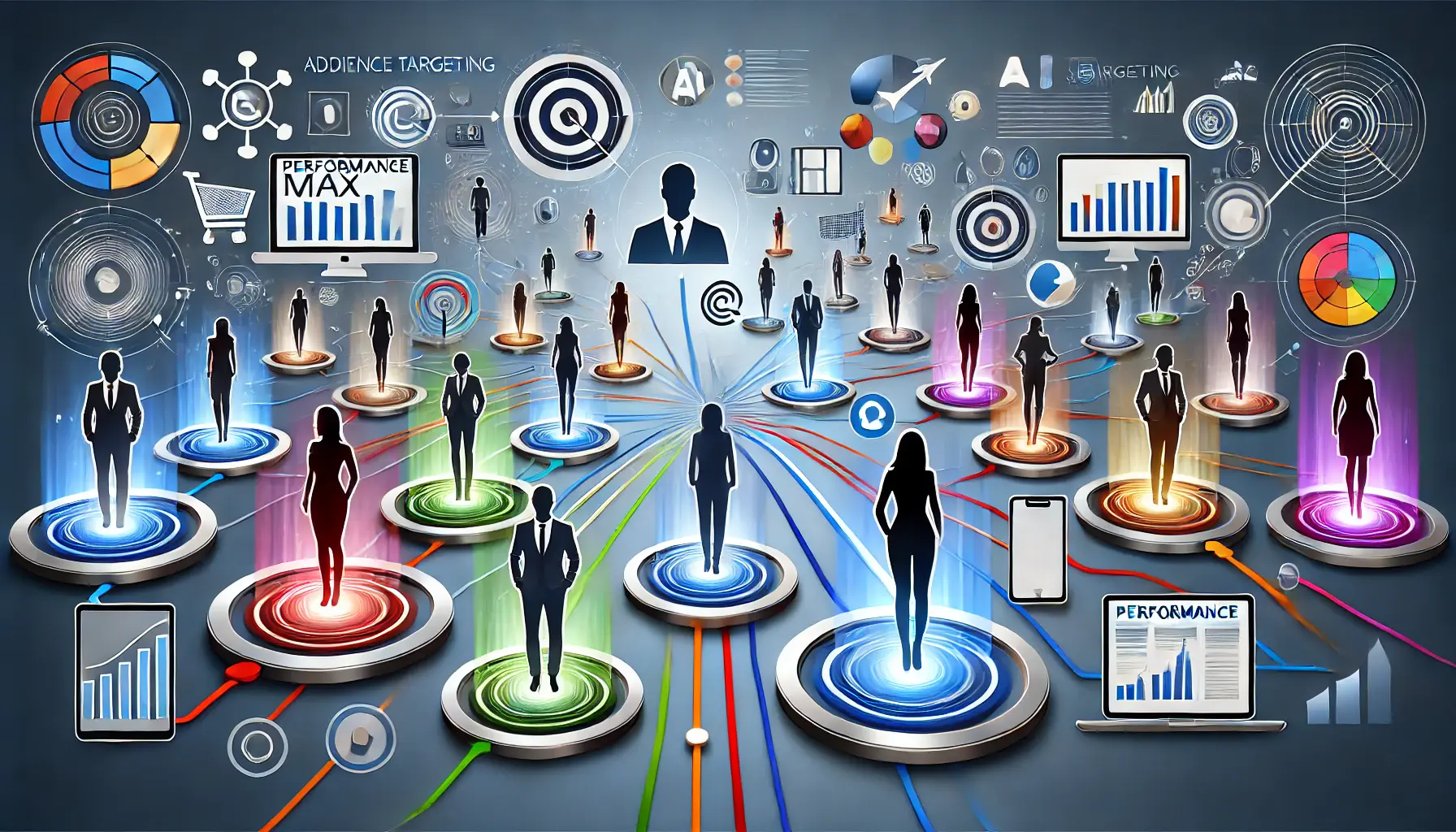 A visual representation of diverse audience segments for Performance Max campaigns, connected to digital platforms symbolizing retail, services, and e-commerce.