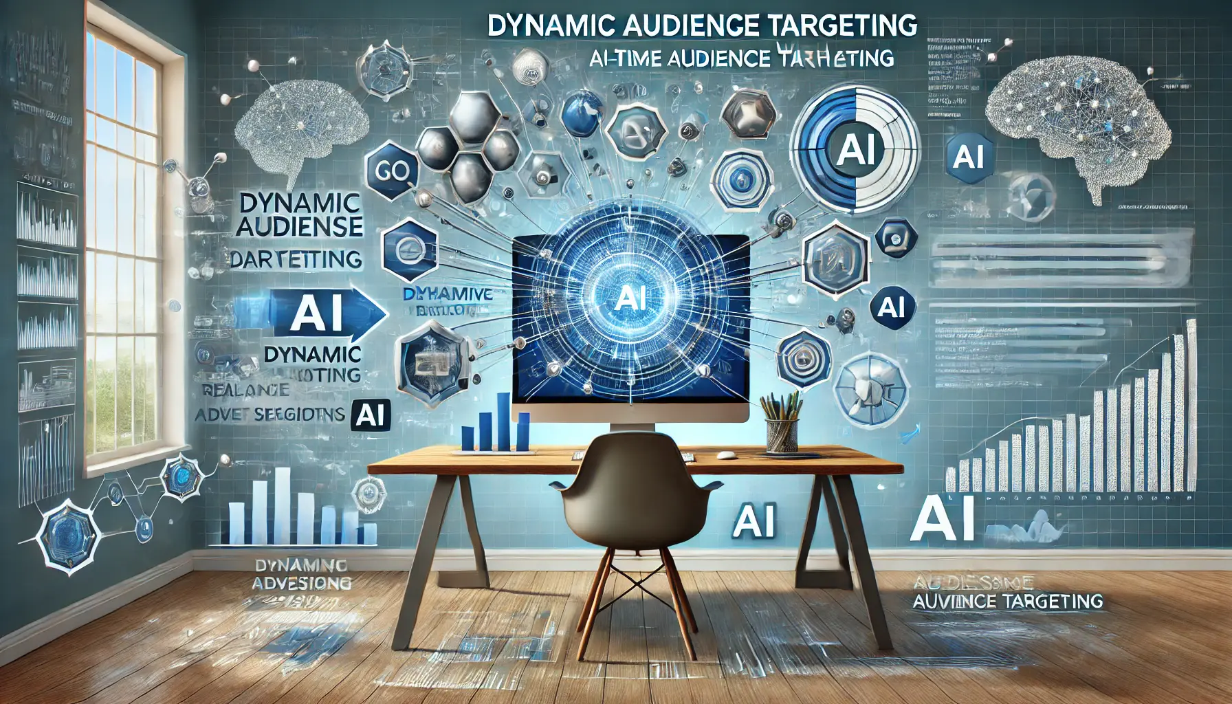 An image showing dynamic audience targeting with AI, featuring a modern workspace with a screen displaying audience data, behavioral analytics, and targeted ad segments.