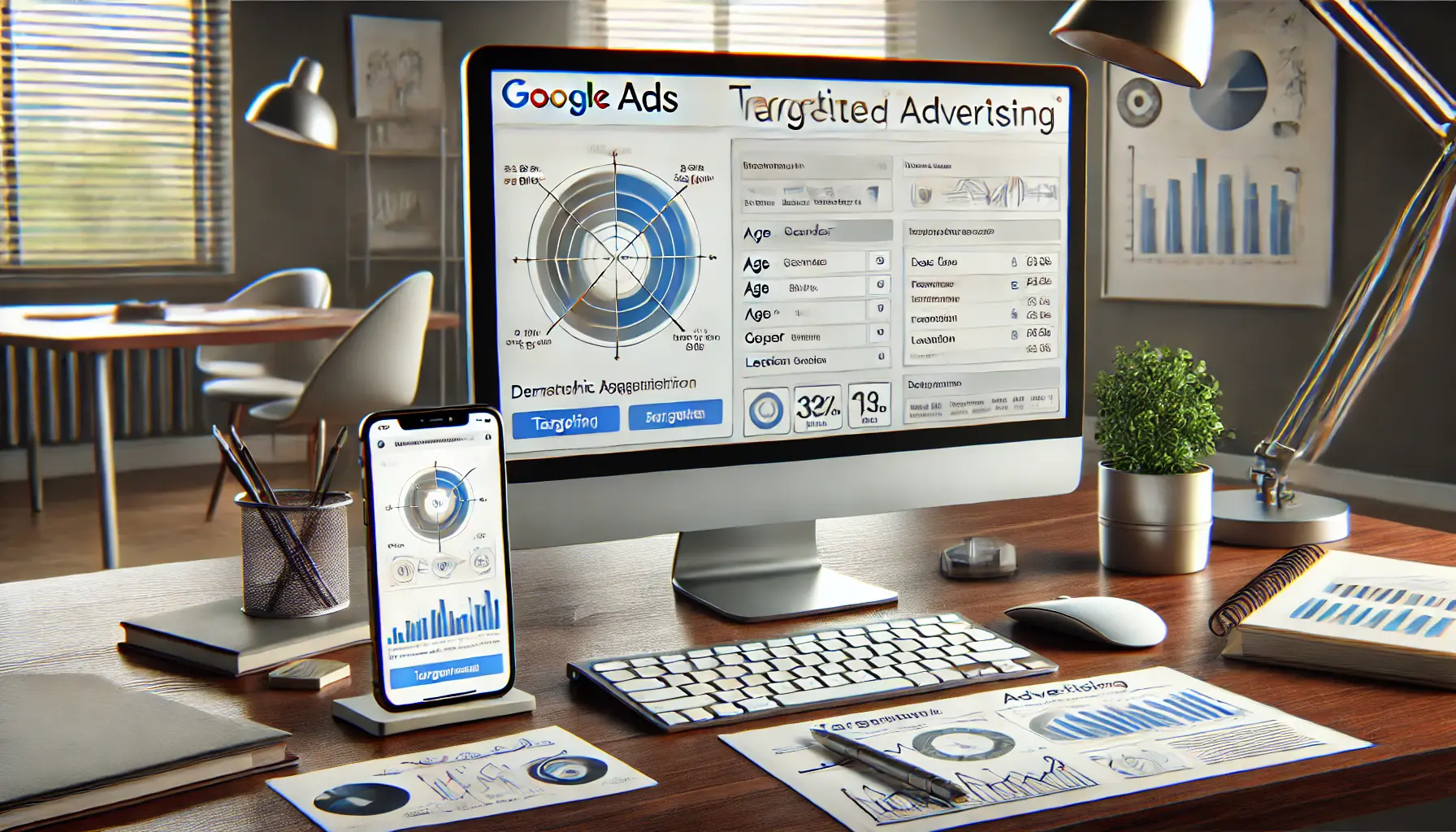 A workspace with a computer showing Google Ads targeting settings and demographic options, alongside documents and a smartphone displaying a targeted ad.