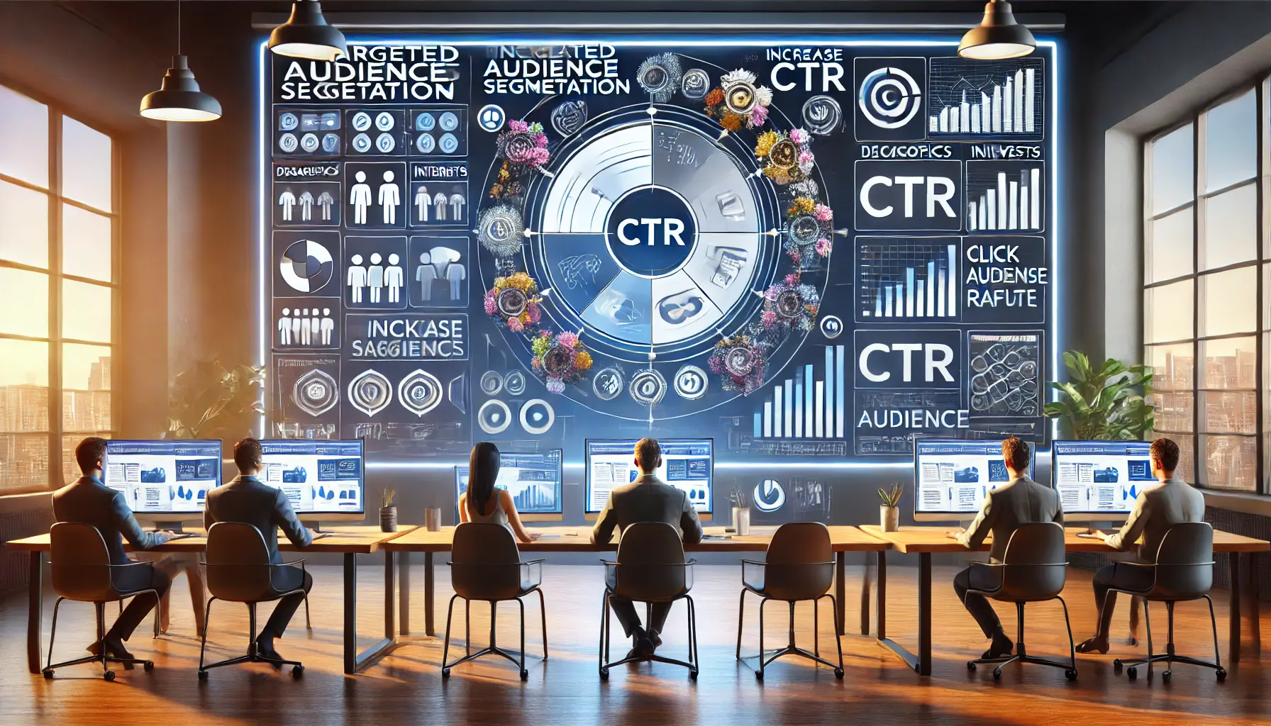 A digital workspace showing audience segmentation with charts and graphs for targeted ad campaigns