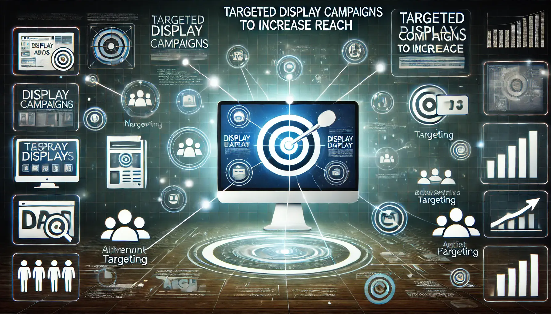 Digital screen showing display ad examples with icons representing audience targeting options, symbolizing reach through targeted campaigns.