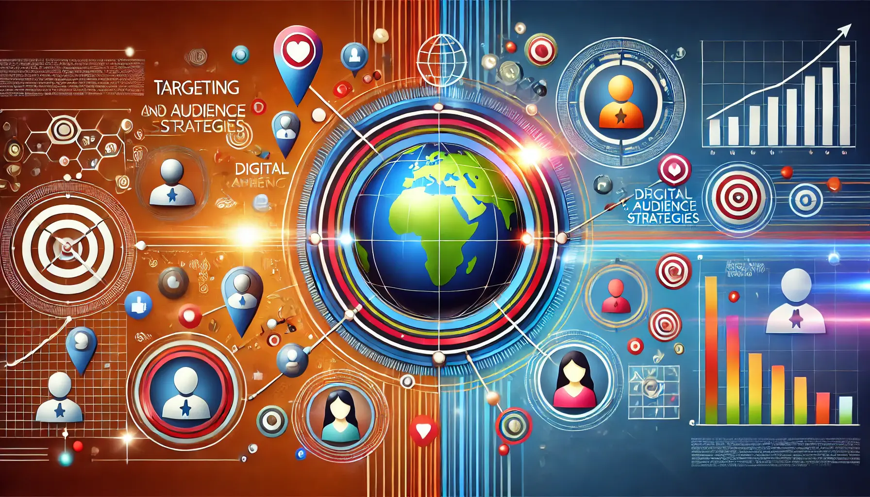 A central globe surrounded by diverse audience icons categorized by demographics, interests, and behaviors, with dynamic lines connecting to a digital marketing dashboard.