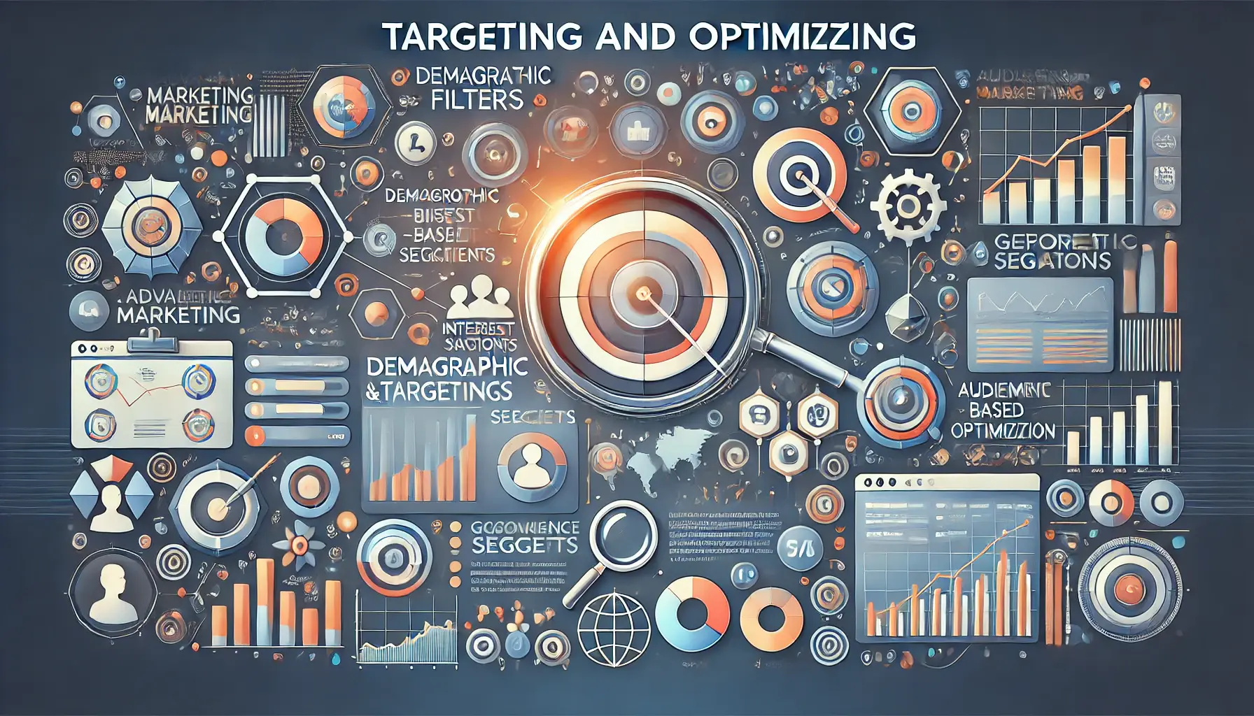 A digital marketing dashboard displaying advanced targeting tools like demographic filters, interest segments, and geographic overlays, alongside performance graphs and optimization sliders.