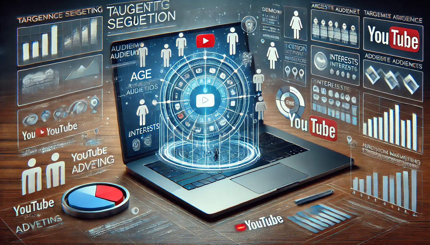 A digital interface displaying targeted audience metrics, demographic data, and interest categories for YouTube advertising.