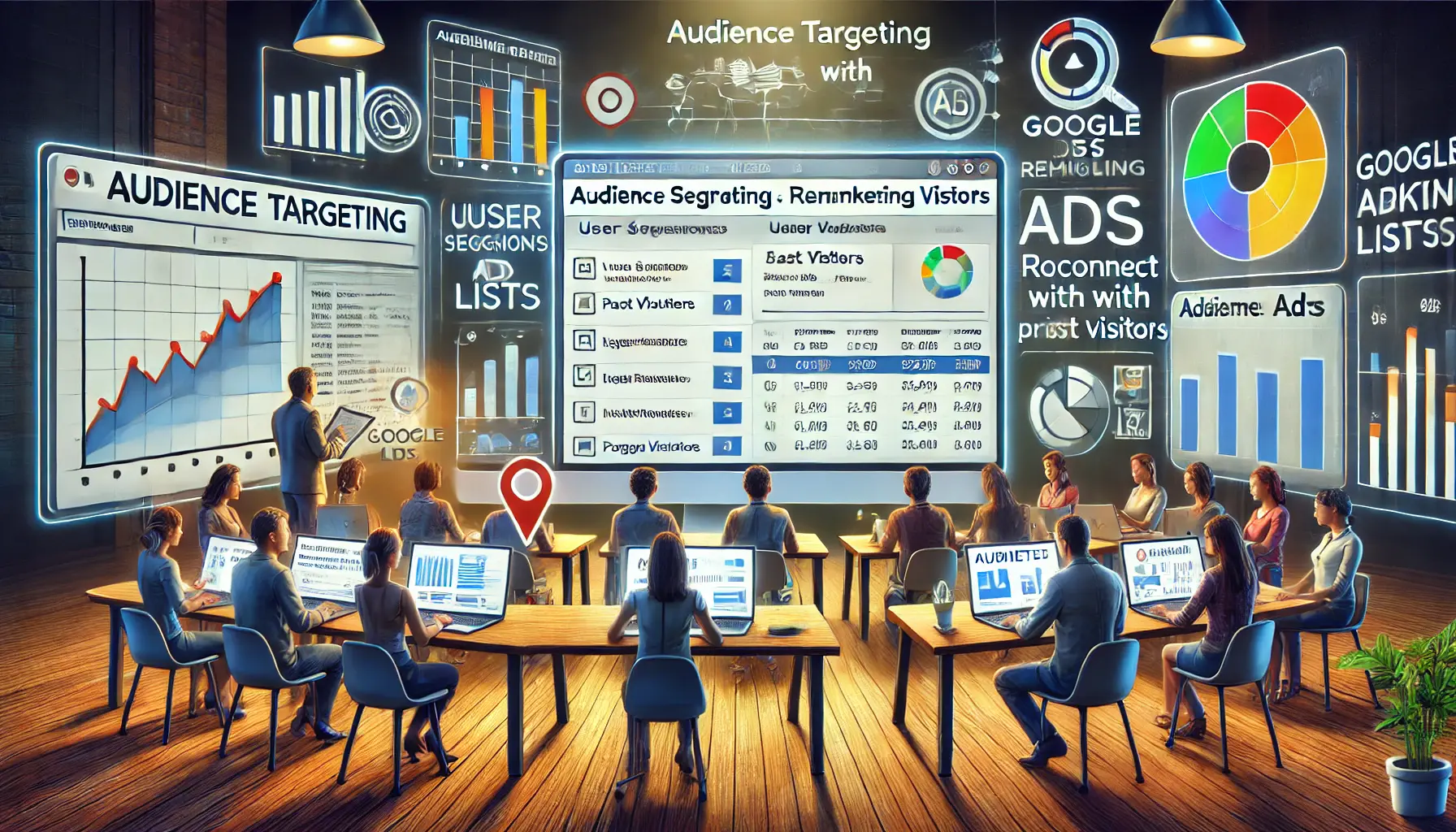 A digital marketer analyzing a dashboard showing remarketing lists and user segments with tailored ads on websites.