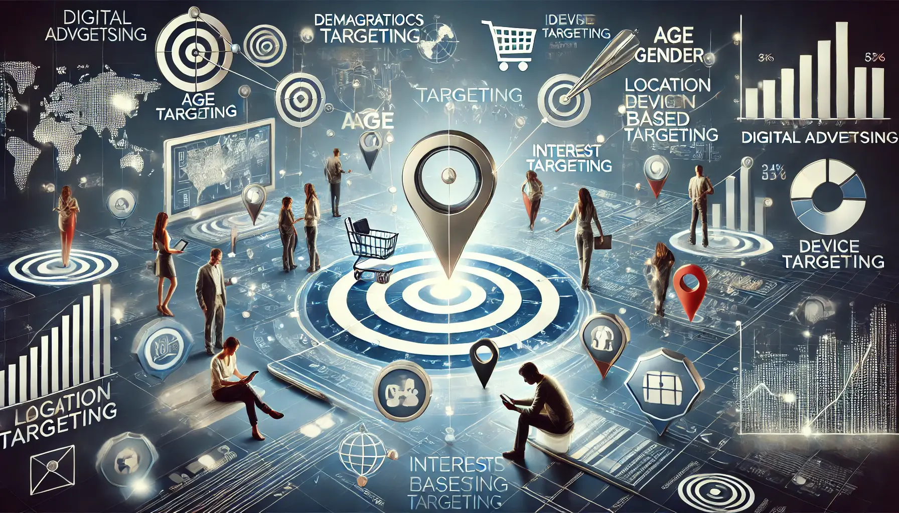 Illustration depicting various targeting options like demographics, location, devices, and user preferences in digital advertising.