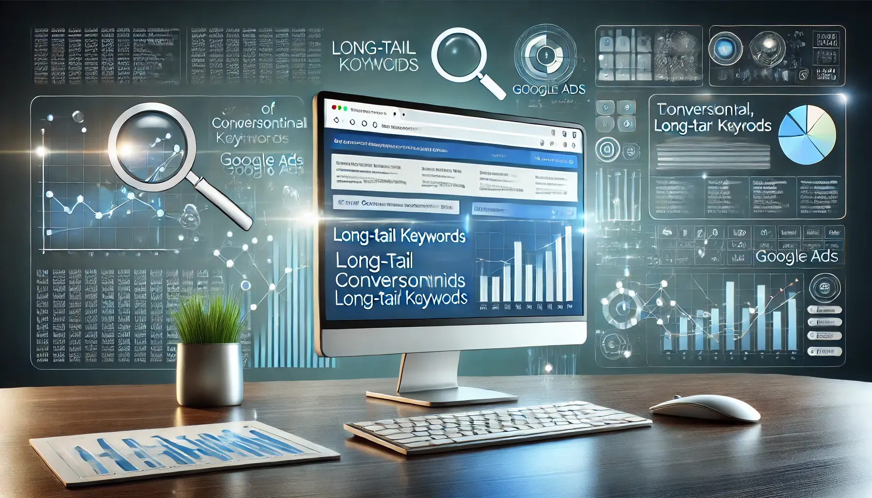A digital marketing scene showing a search engine interface and optimization dashboard for long-tail keywords targeting.