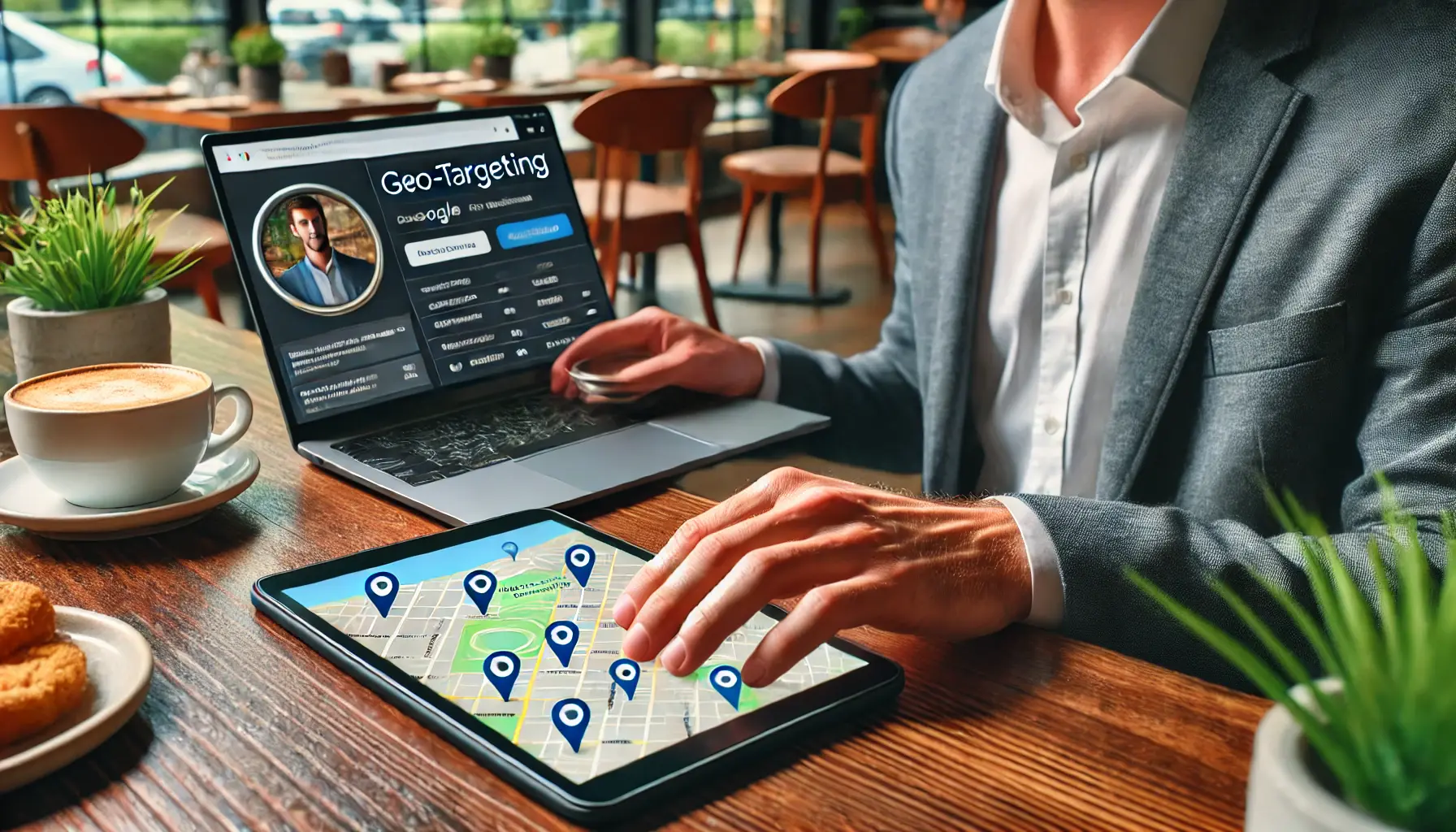 A restaurant manager using a laptop to adjust geo-targeting settings, with a map highlighting the local area on the screen.