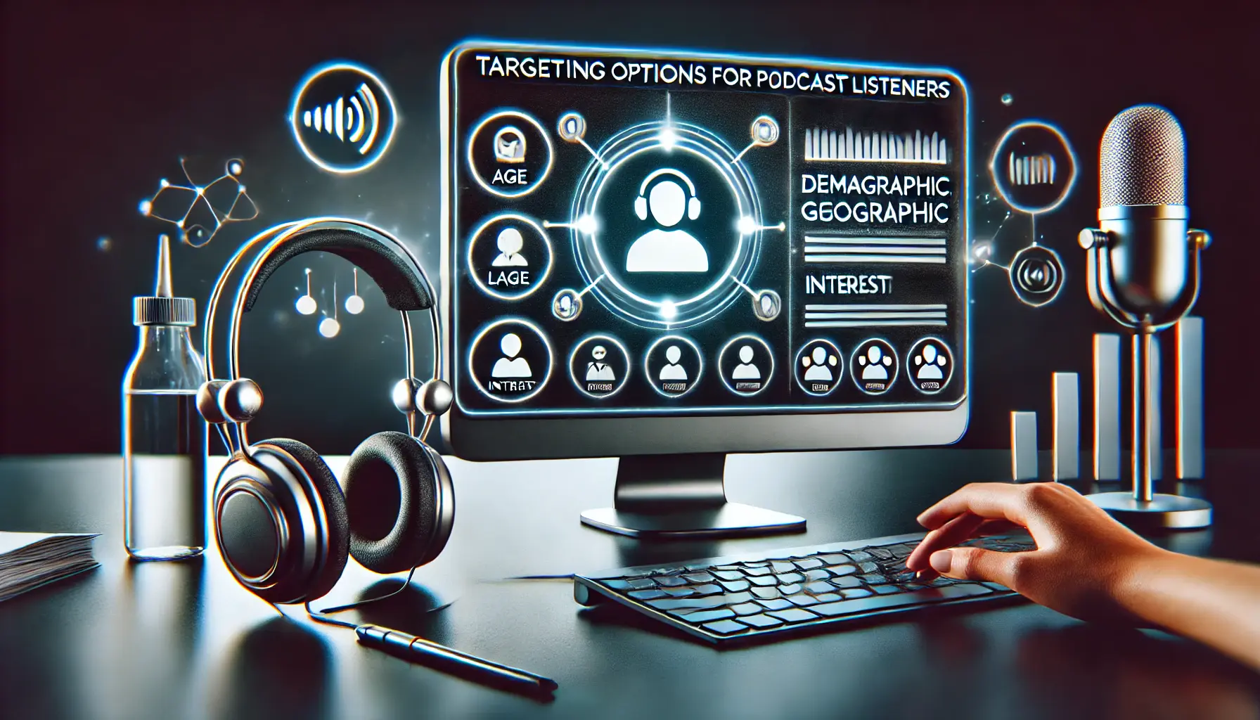 A digital illustration of a computer screen displaying targeting options like demographics, geography, and interests for podcast listeners, surrounded by abstract symbols of headphones and soundwaves.